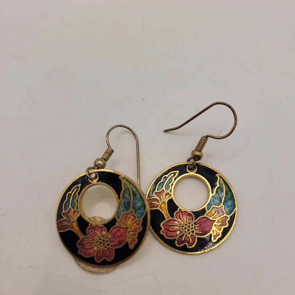 Vintage Enamel Hoop Drop Cloisone Earrings